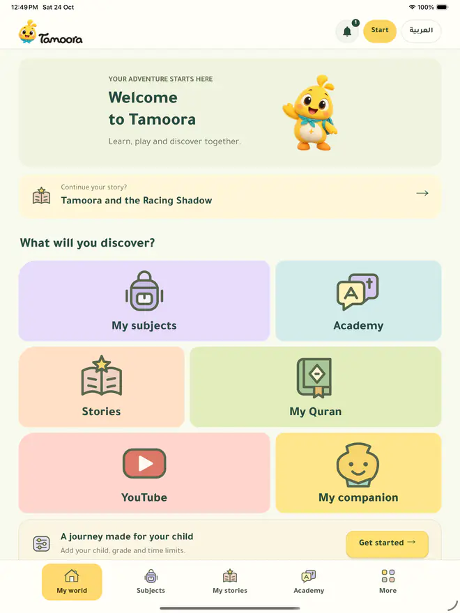 The home screen on iPad: Welcome to Tamoora, and the worlds’ cards: My subjects, Academy, Stories, My Quran, YouTube, My companion.